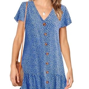 Blue Polka Dot Button V-Neck Dress
